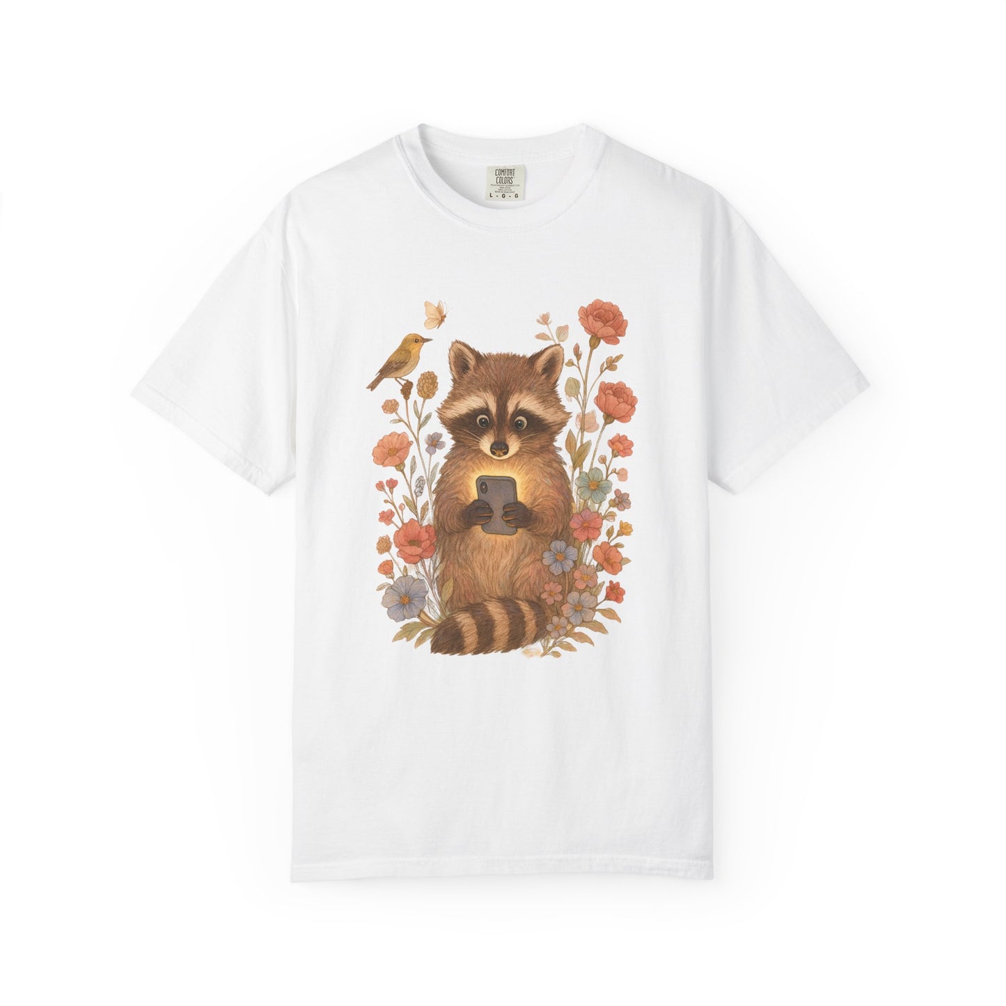 T-shirt with cute raccoon holding smartphone surrounded by coral and blue wildflowers