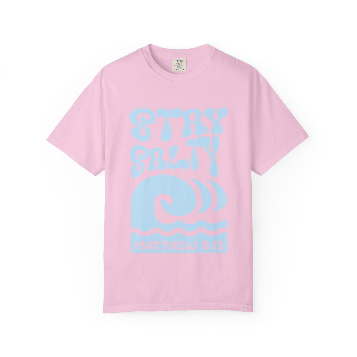 Christian t-shirt with 'Stay Salty' text and ocean wave design referencing Matthew 5:13