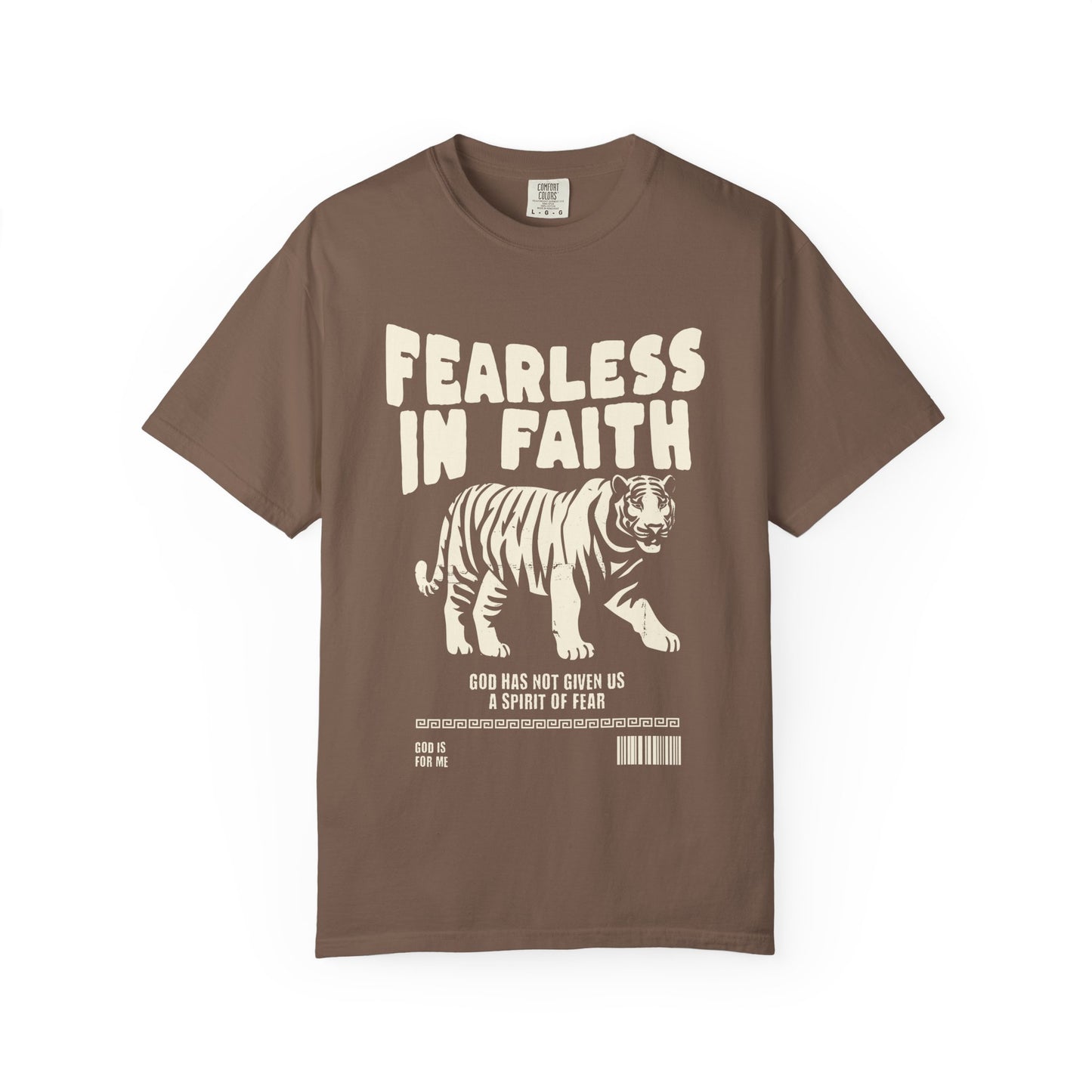 A t-shirt featuring 'Fearless In Faith' text design in elegant cream colored typography