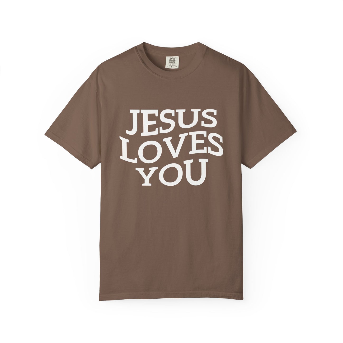 T-shirt with bold black text reading 'JESUS LOVES YOU' in large serif typography