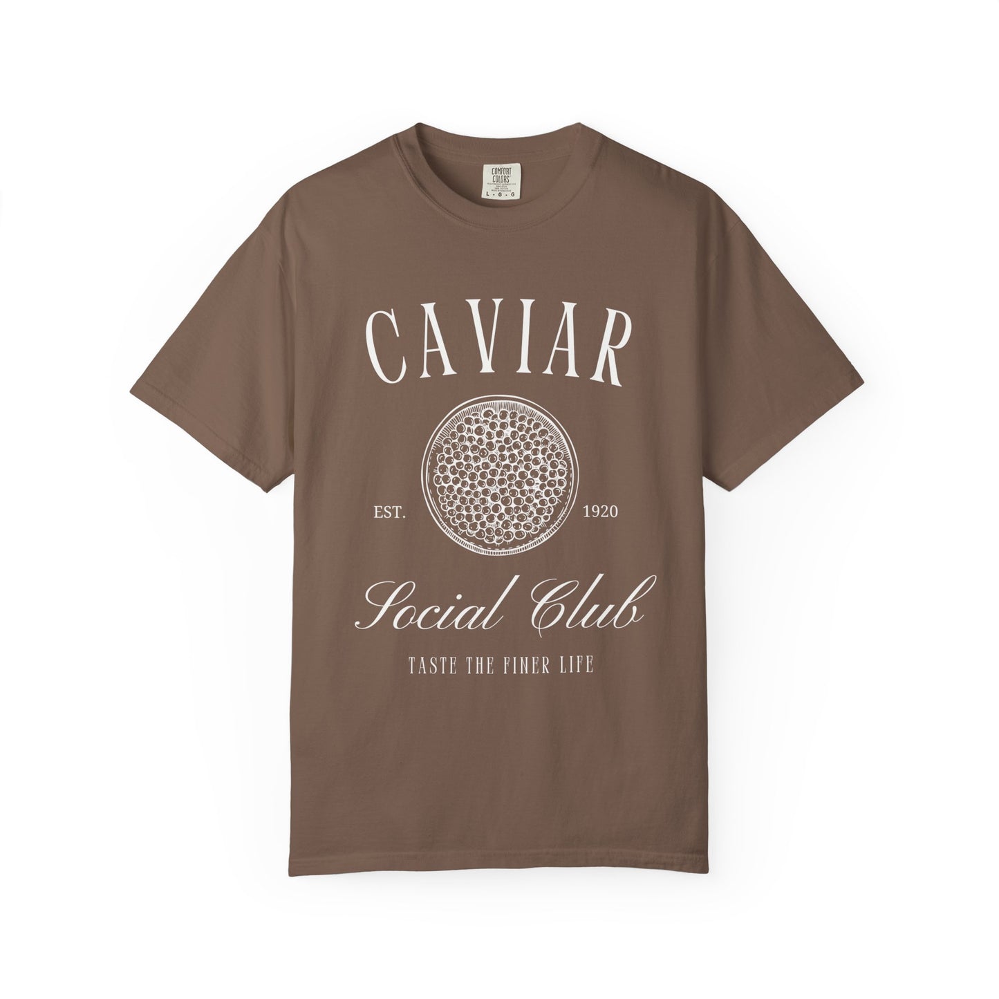 T-shirt with vintage caviar social club logo featuring caviar tin graphic and elegant typography
