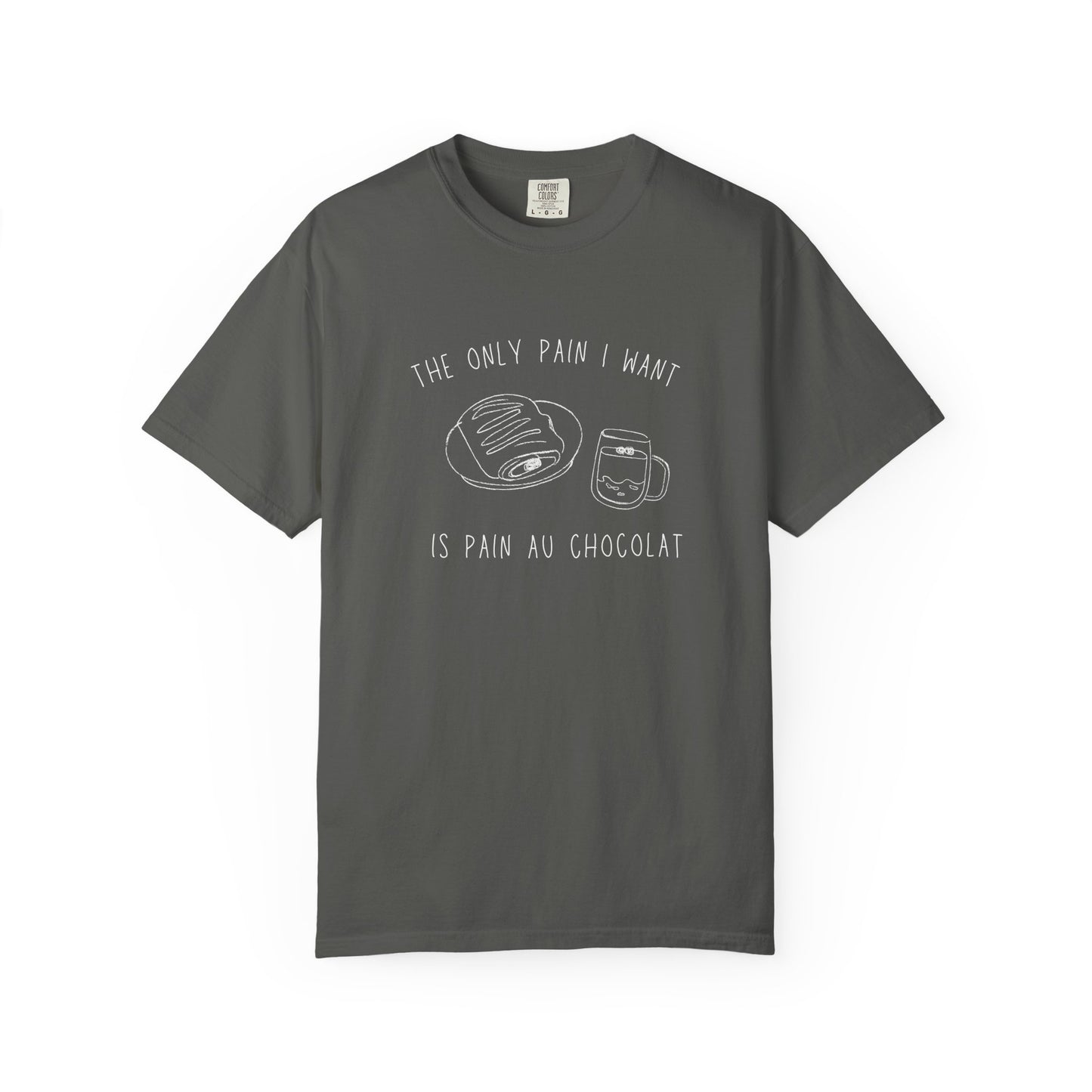 T-shirt with hand-drawn croissant and coffee cup illustration and funny baking text
