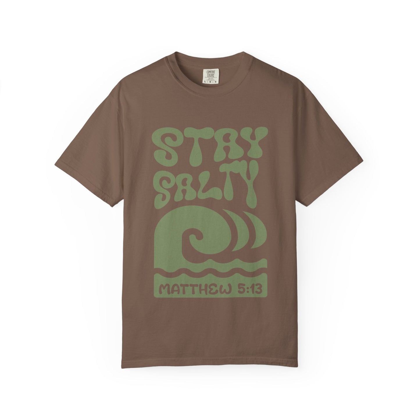 Stay Salty Matthew 5:13 t-shirt with retro wave design in sage green christian graphic