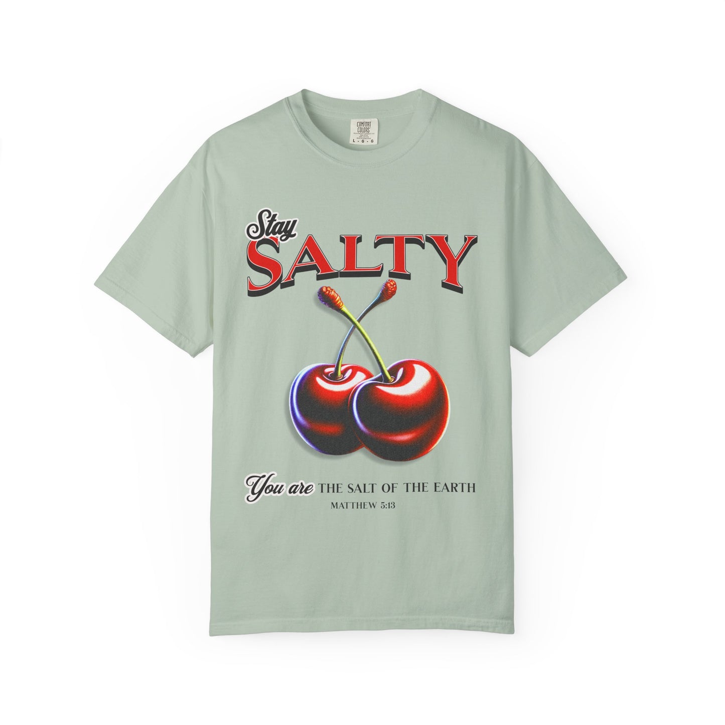 T-shirt with retro Stay Salty text and vintage cherry design featuring Matthew 5:13 scripture