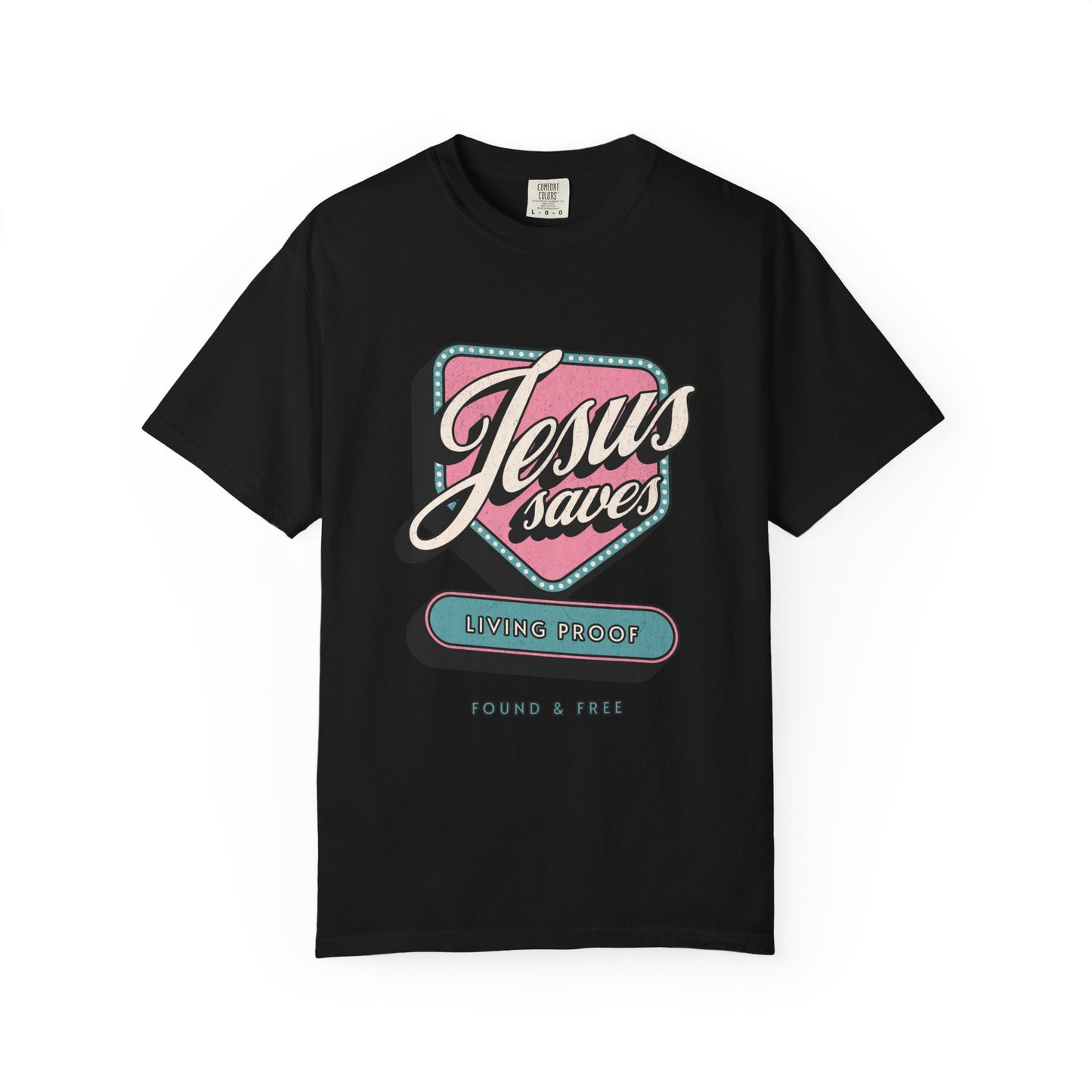 T-shirt with retro Jesus Saves design in pink and blue with distressed vintage styling