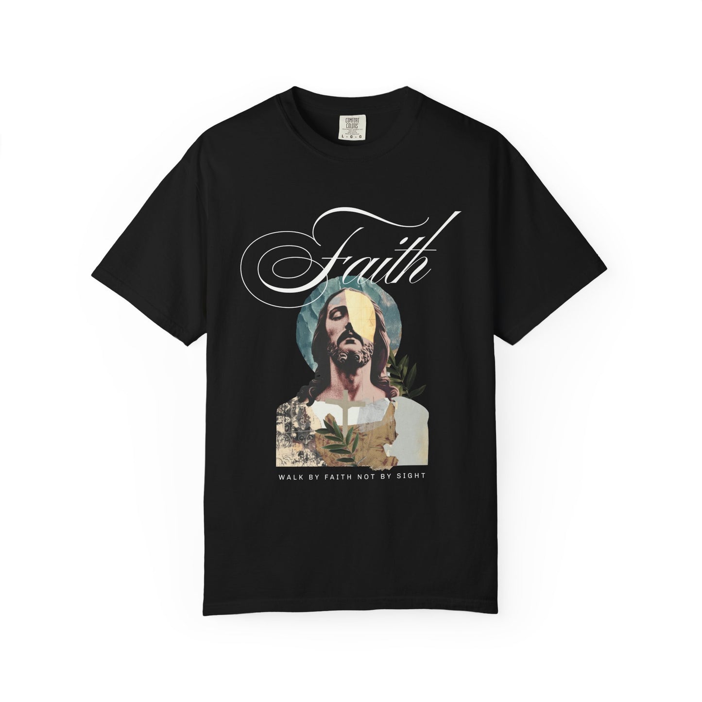 Jesus t-shirt with artistic collage design featuring Christ's face and Walk By Faith Not By Sight text