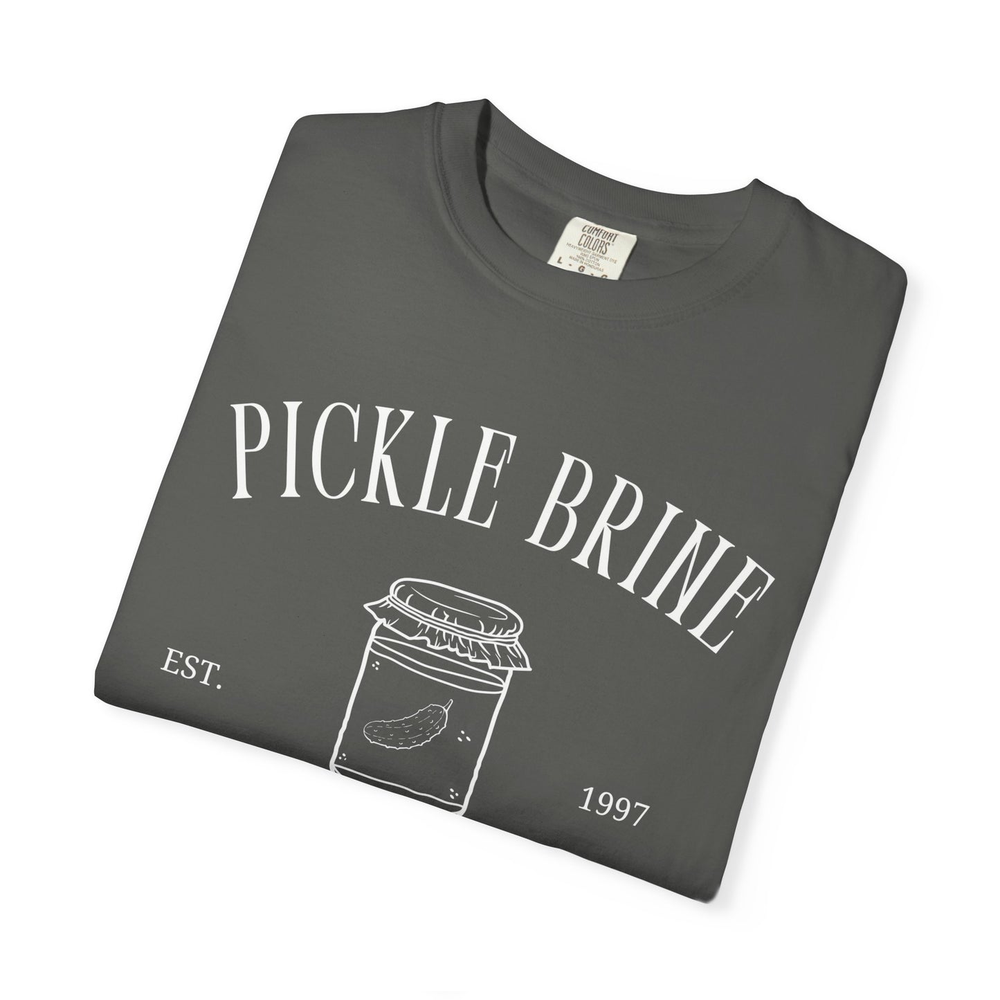 T-shirt with vintage pickle brine social club design featuring mason jar with pickle illustration