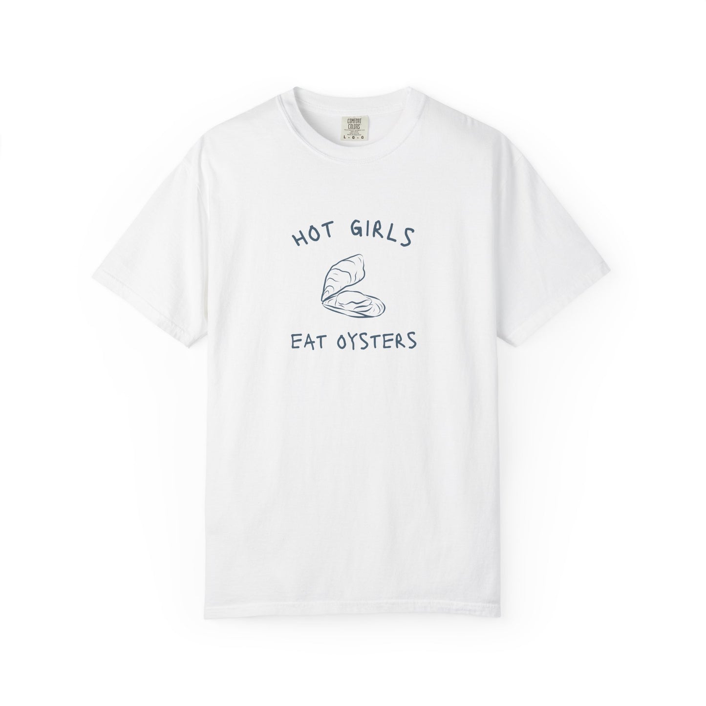 T-shirt with 'Hot Girls Eat Oysters' text and minimalist oyster shell illustration in blue tones
