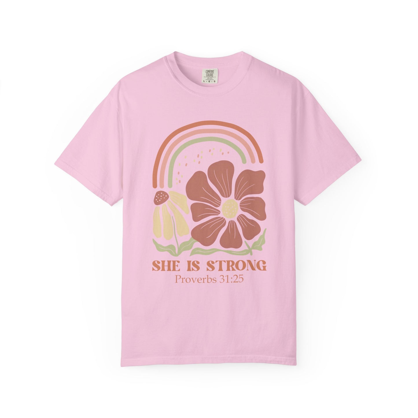 T-shirt with boho rainbow, terracotta and cream flowers, and 'She Is Strong Proverbs 31:25' text