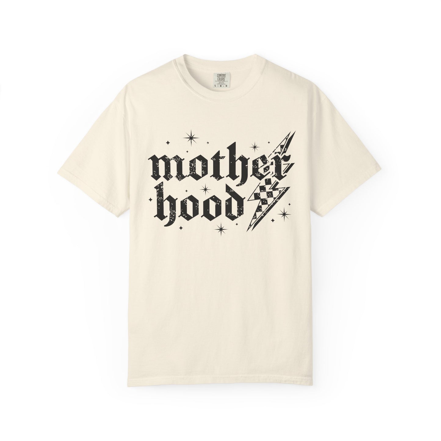 T-shirt with gothic Mother Hood text, lightning bolt graphics, and checkerboard pattern elements