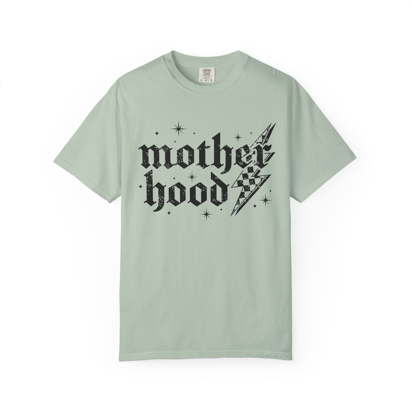 T-shirt with gothic Mother Hood text, lightning bolt graphics, and checkerboard pattern elements
