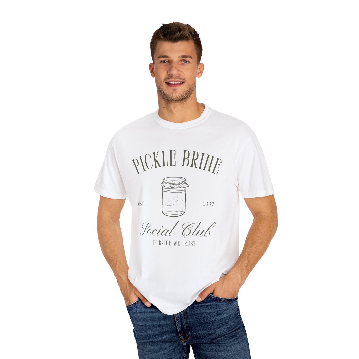 T-shirt with vintage pickle brine social club design featuring mason jar with pickle illustration