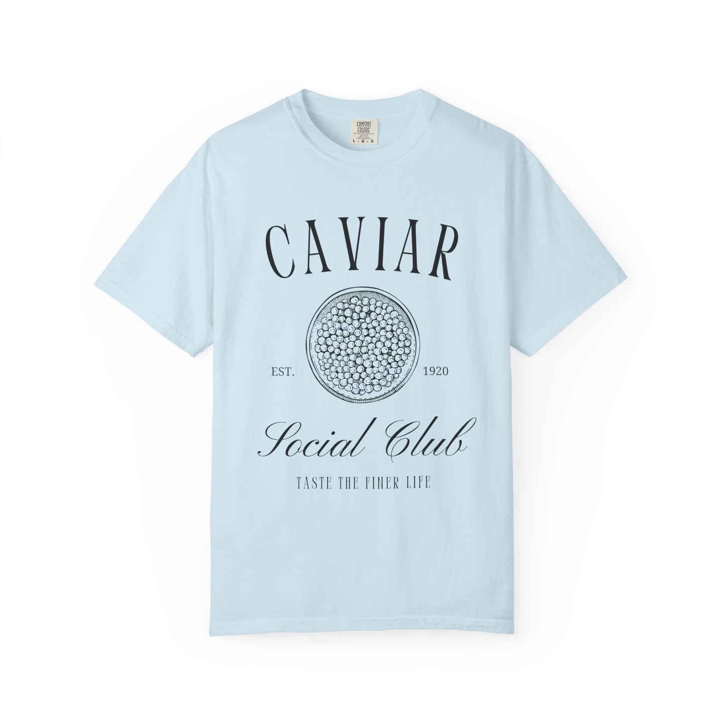 T-shirt with vintage caviar social club logo featuring caviar tin graphic and elegant typography