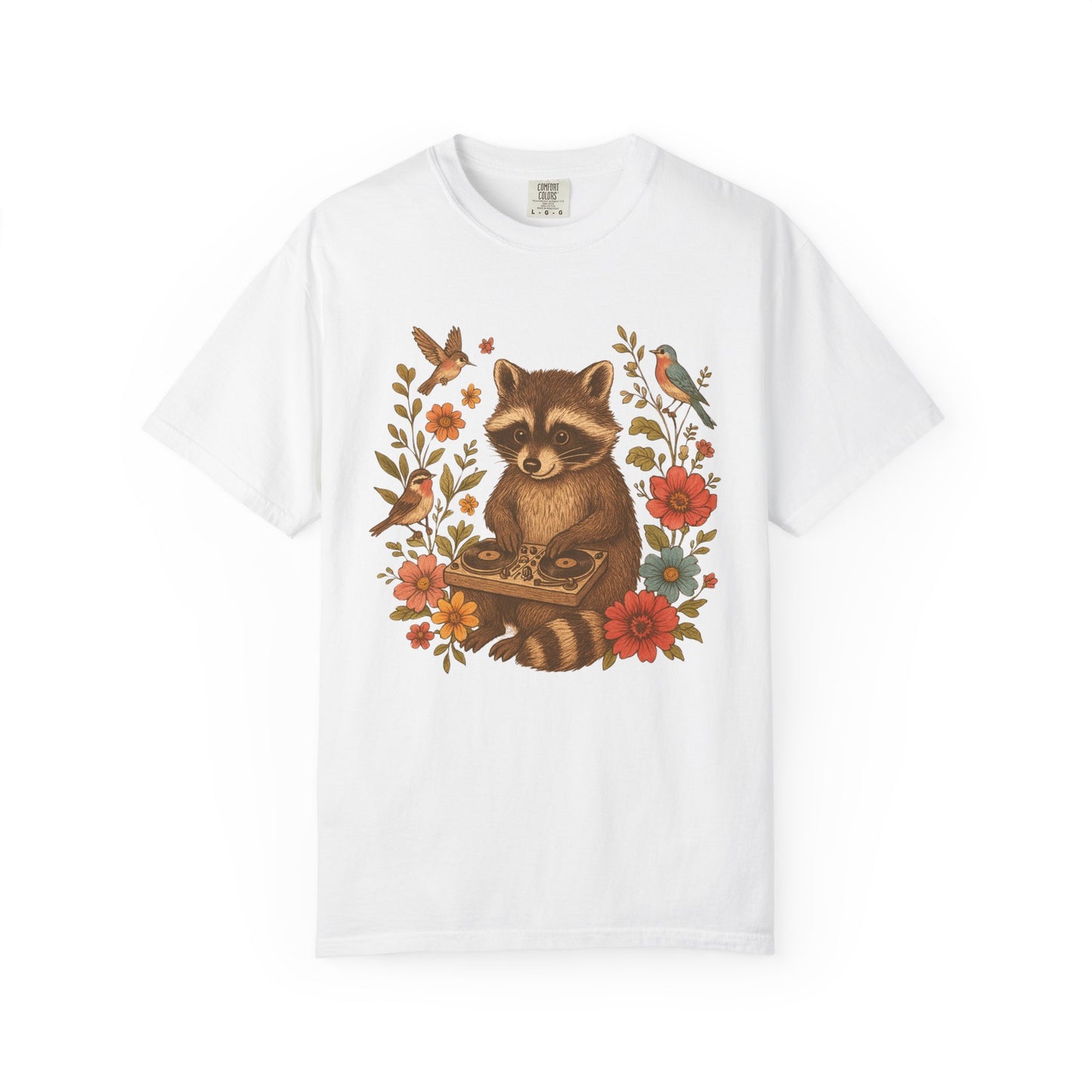 T-shirt with vintage raccoon DJ design surrounded by coral flowers, yellow blooms, and songbirds