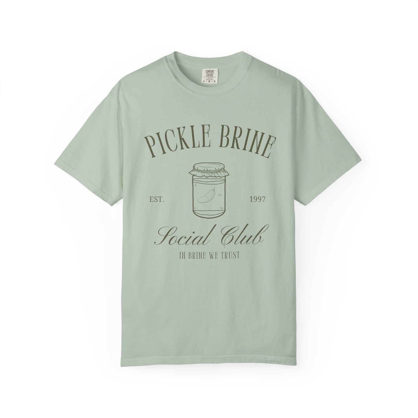 T-shirt with vintage pickle brine social club design featuring mason jar with pickle illustration