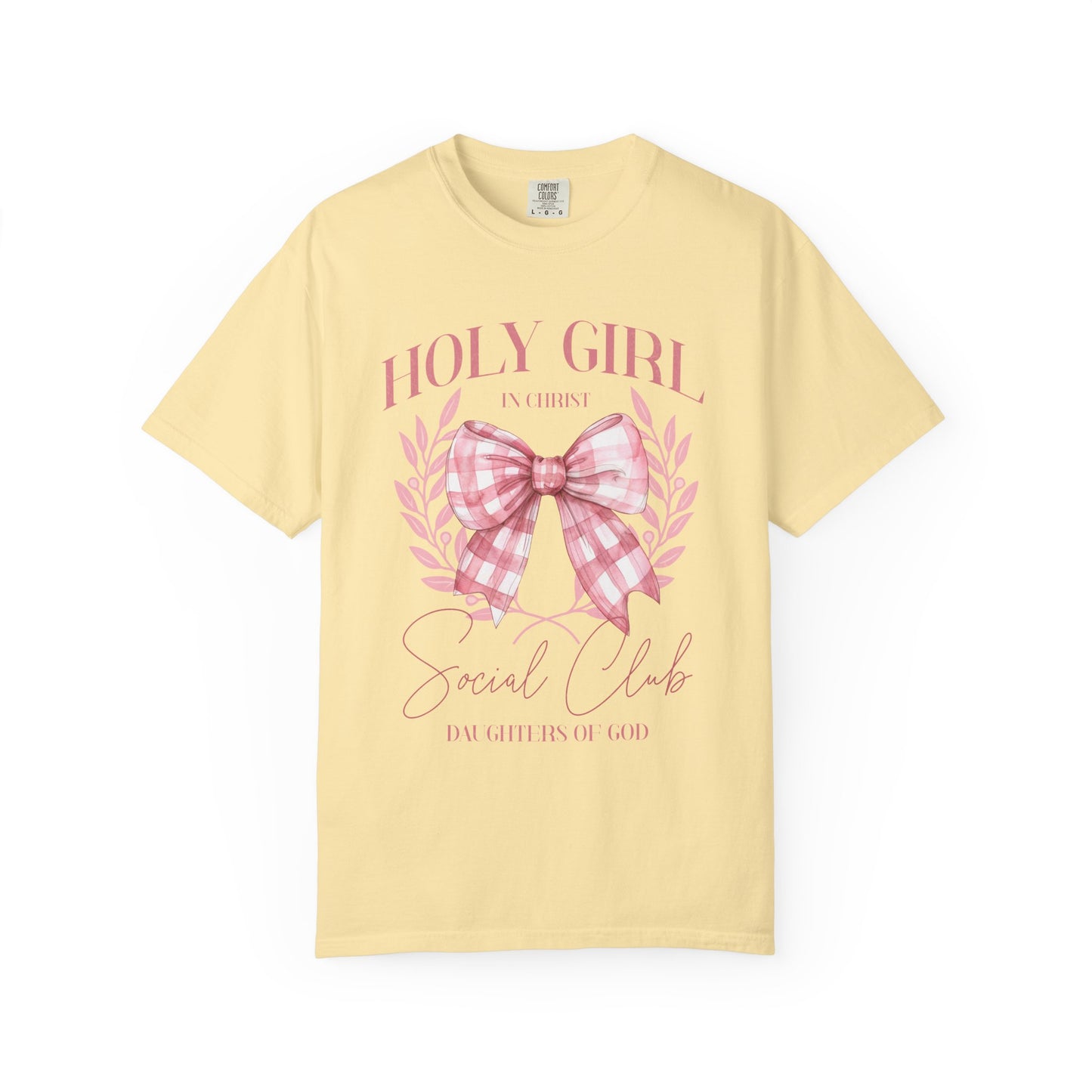 Tshirt with Holy Girl Social Club design featuring pink gingham bow and floral elements