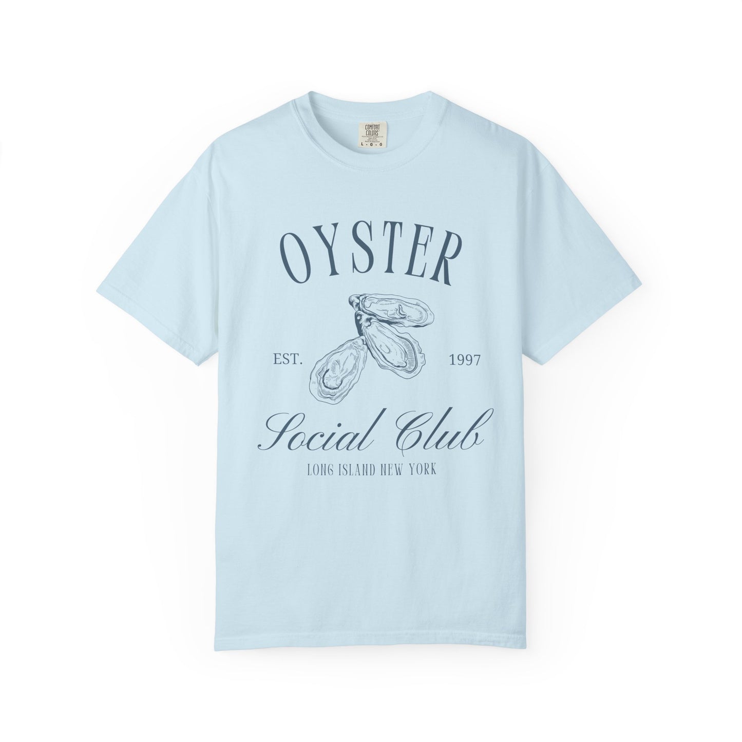 T-shirt with vintage oyster social club design featuring three detailed oyster illustrations
