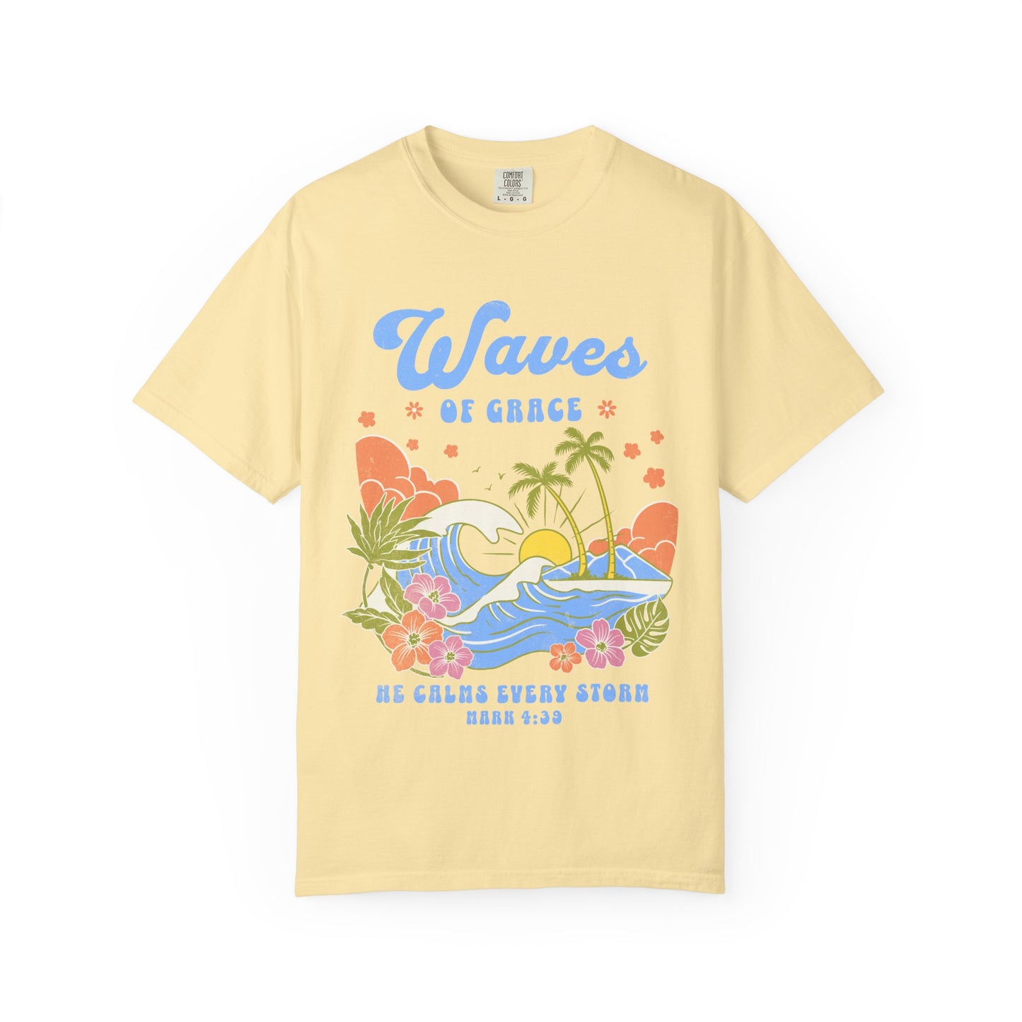 T-shirt with tropical ocean waves, palm trees, hibiscus flowers and 'Waves of Grace' scripture design
