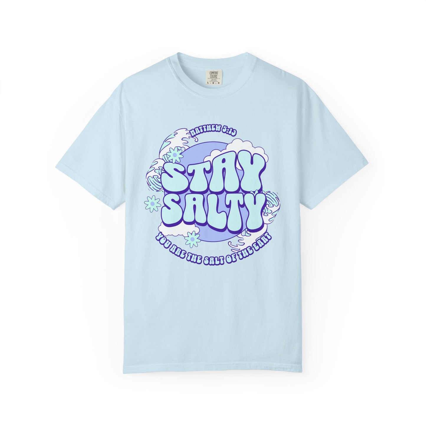 T-shirt with purple and mint green 'Stay Salty' text design featuring Matthew 5:13 scripture and retro styling