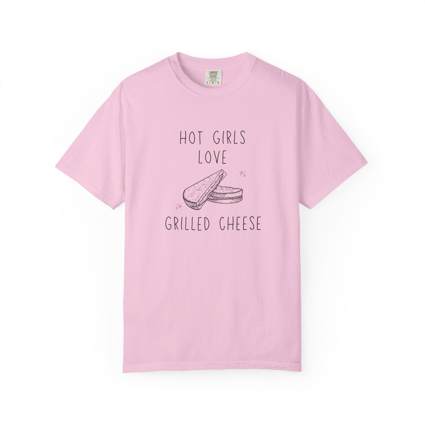 T-shirt with hand-drawn grilled cheese sandwich illustration and text reading Hot Girls Love Grilled Cheese