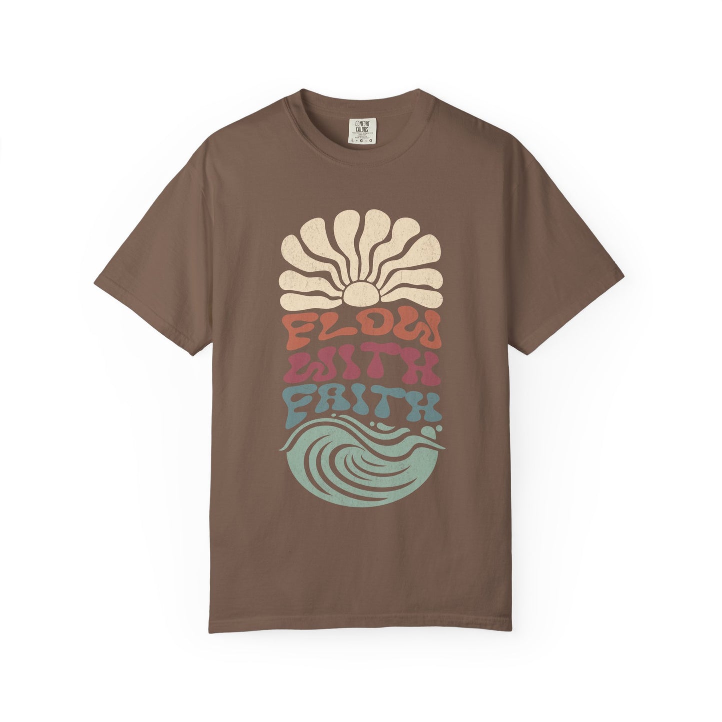 T-shirt with Flow With Faith text in groovy wavy font with retro sunset and wave design