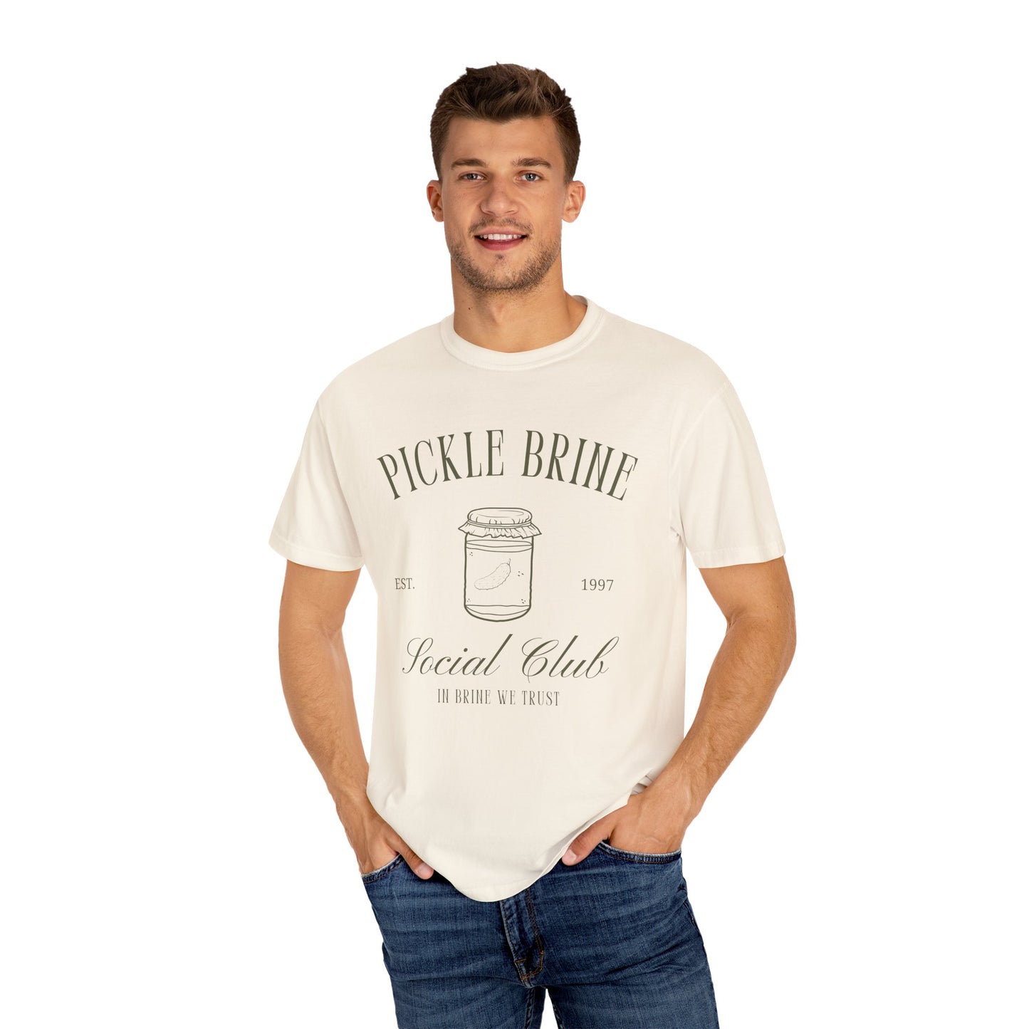 T-shirt with vintage pickle brine social club design featuring mason jar with pickle illustration