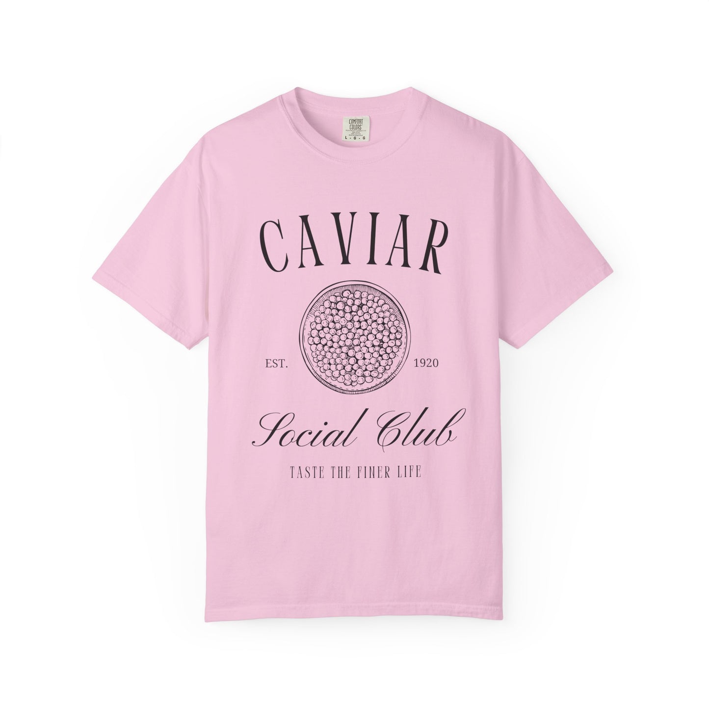 T-shirt with vintage caviar social club logo featuring caviar tin graphic and elegant typography