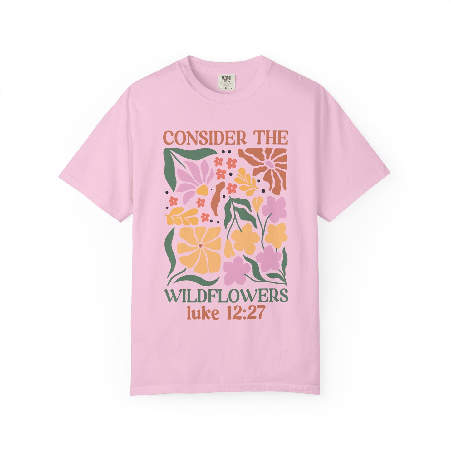 T-shirt with colorful wildflower design and 'Consider the Wildflowers Luke 12:27' bible verse text