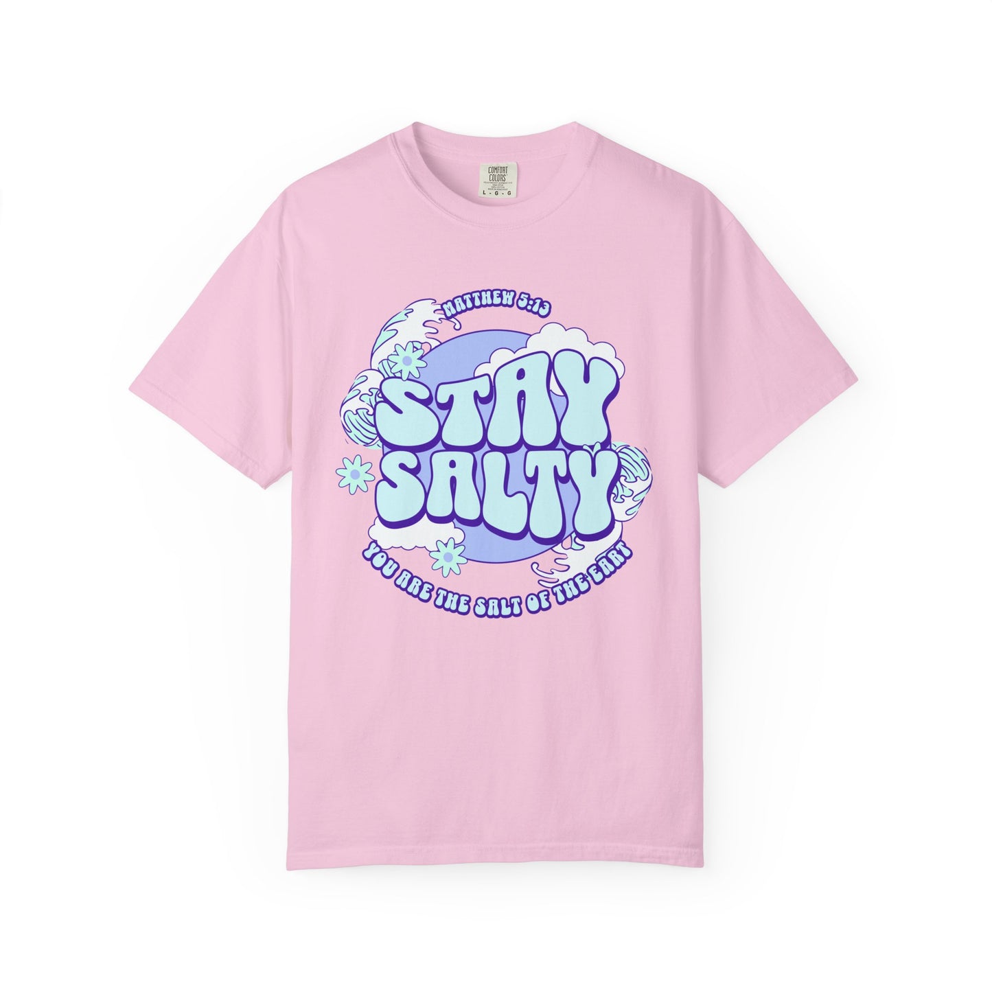 T-shirt with purple and mint green 'Stay Salty' text design featuring Matthew 5:13 scripture and retro styling