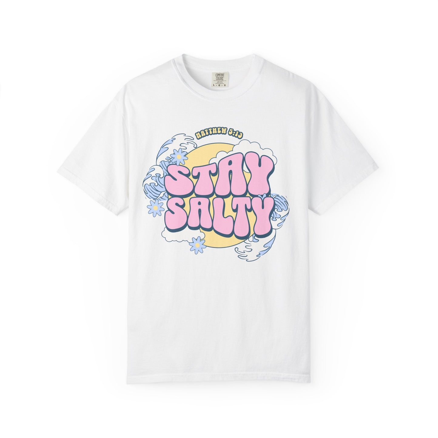 T-shirt with wavy font Stay Salty Matthew 5:13 text in pink bubble letters with ocean waves and flowers