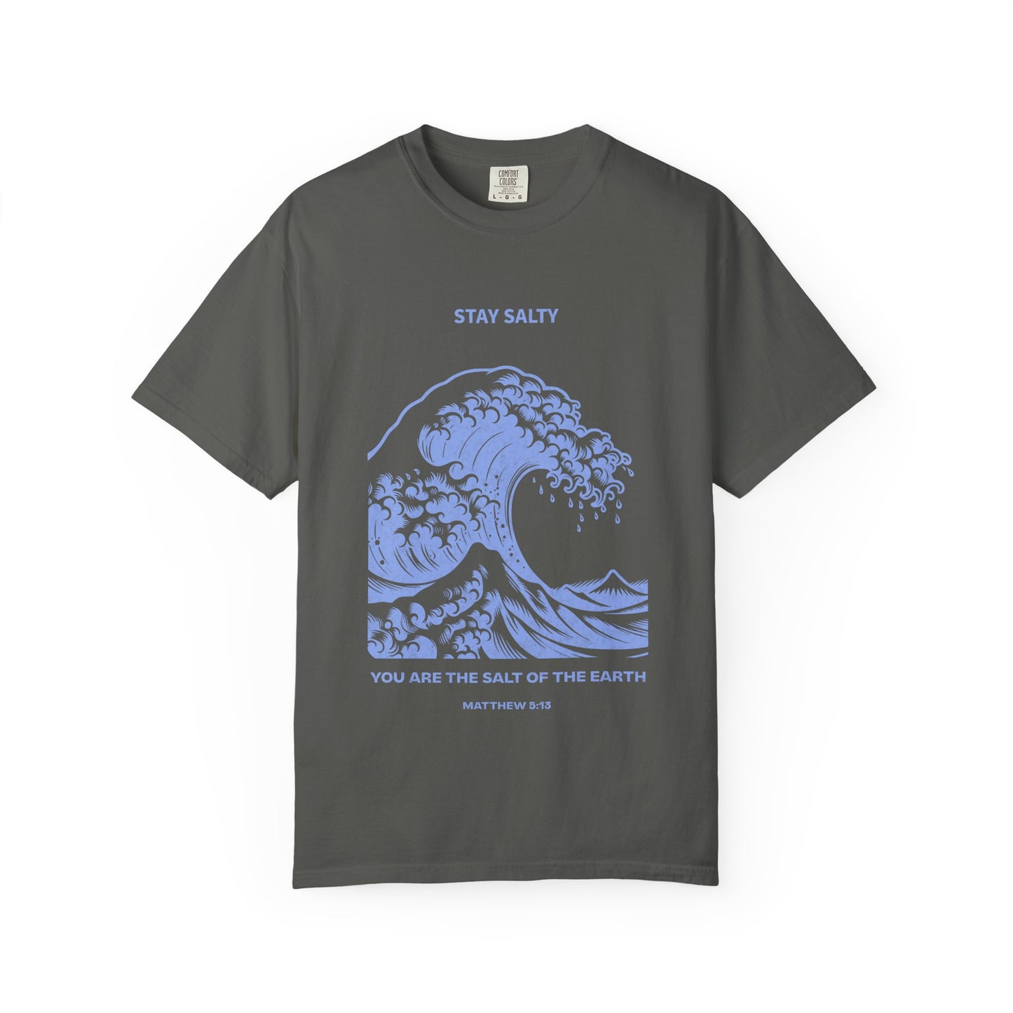T-shirt with ocean wave design featuring Stay Salty text and Matthew 5:13 Bible verse