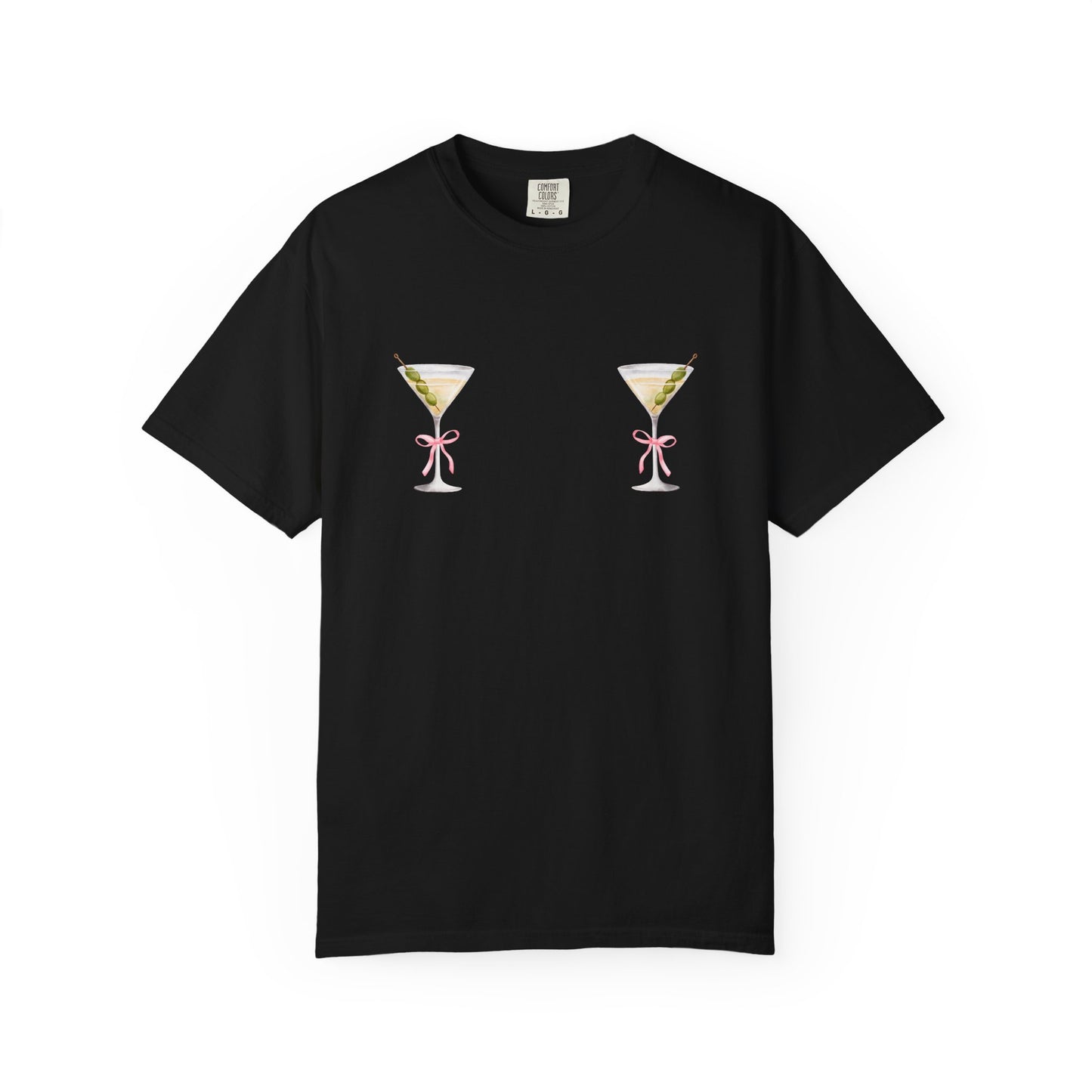 T-shirt design with two martini glasses containing olives and pink bow details creating a humorous cocktail theme
