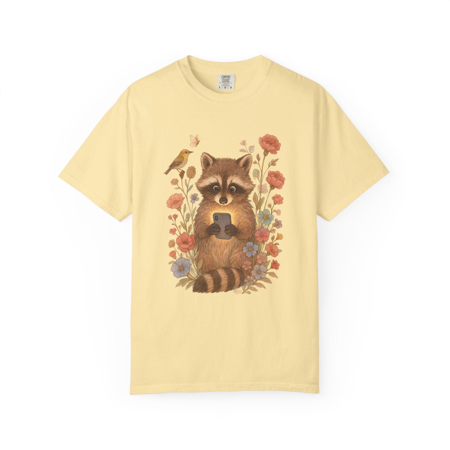 T-shirt with cute raccoon holding smartphone surrounded by coral and blue wildflowers