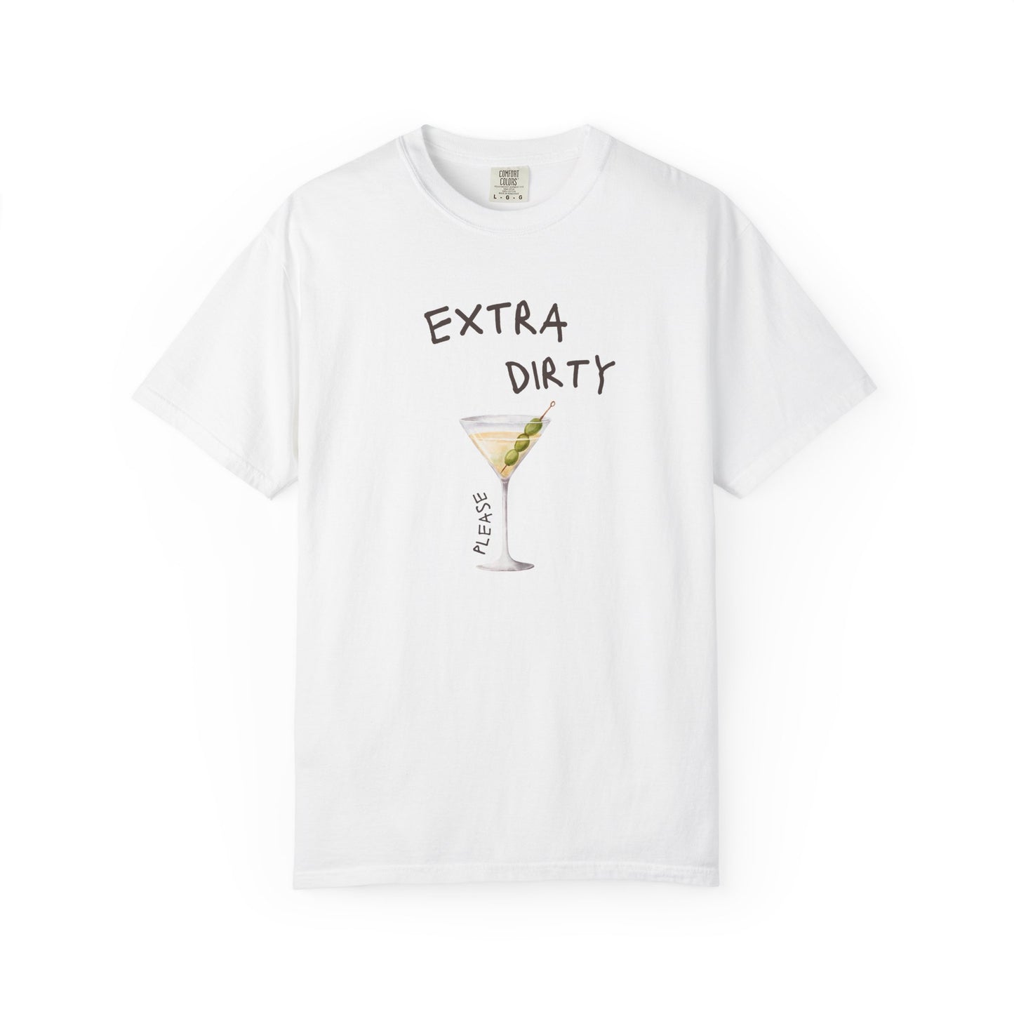 T-shirt design with martini glass filled with clear liquid and three green olives on a pick