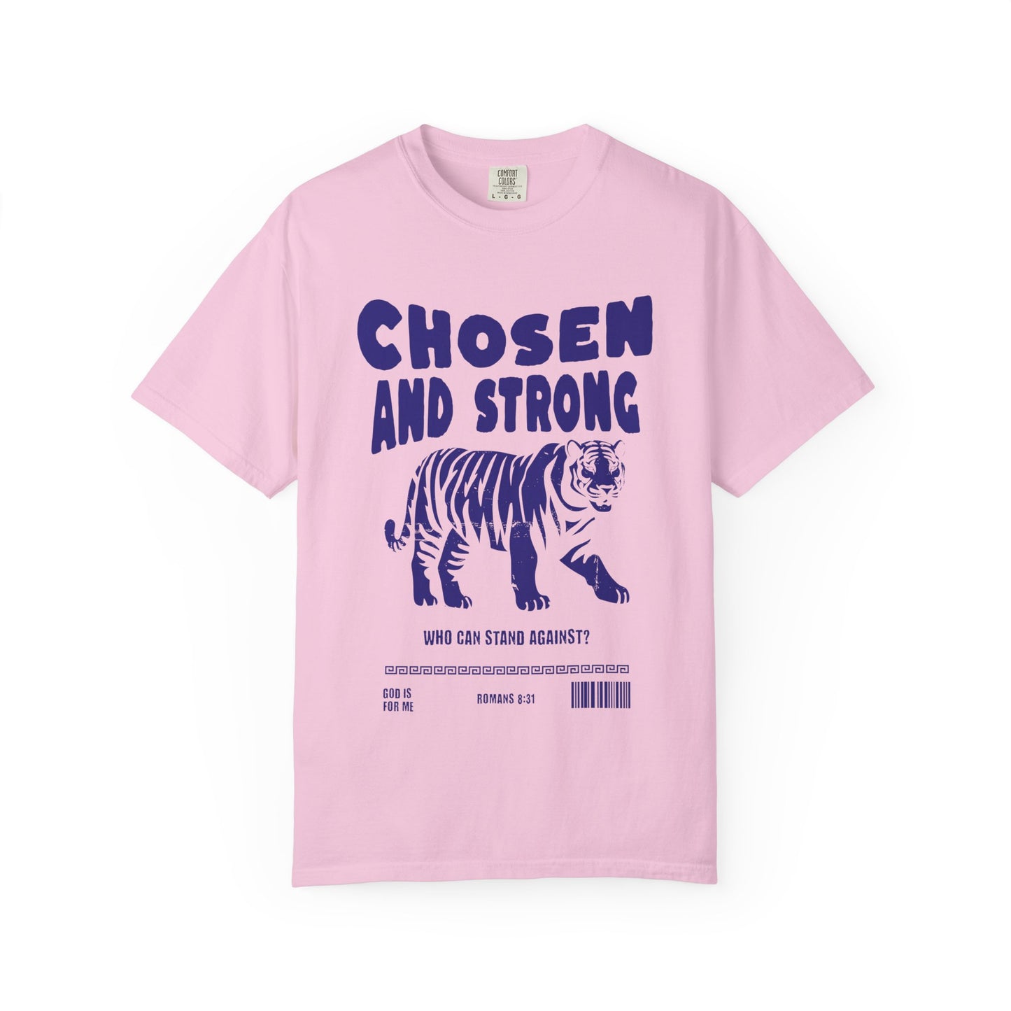 Christian t-shirt with tiger graphic and 'Chosen and Strong' text featuring Romans 8:31 verse