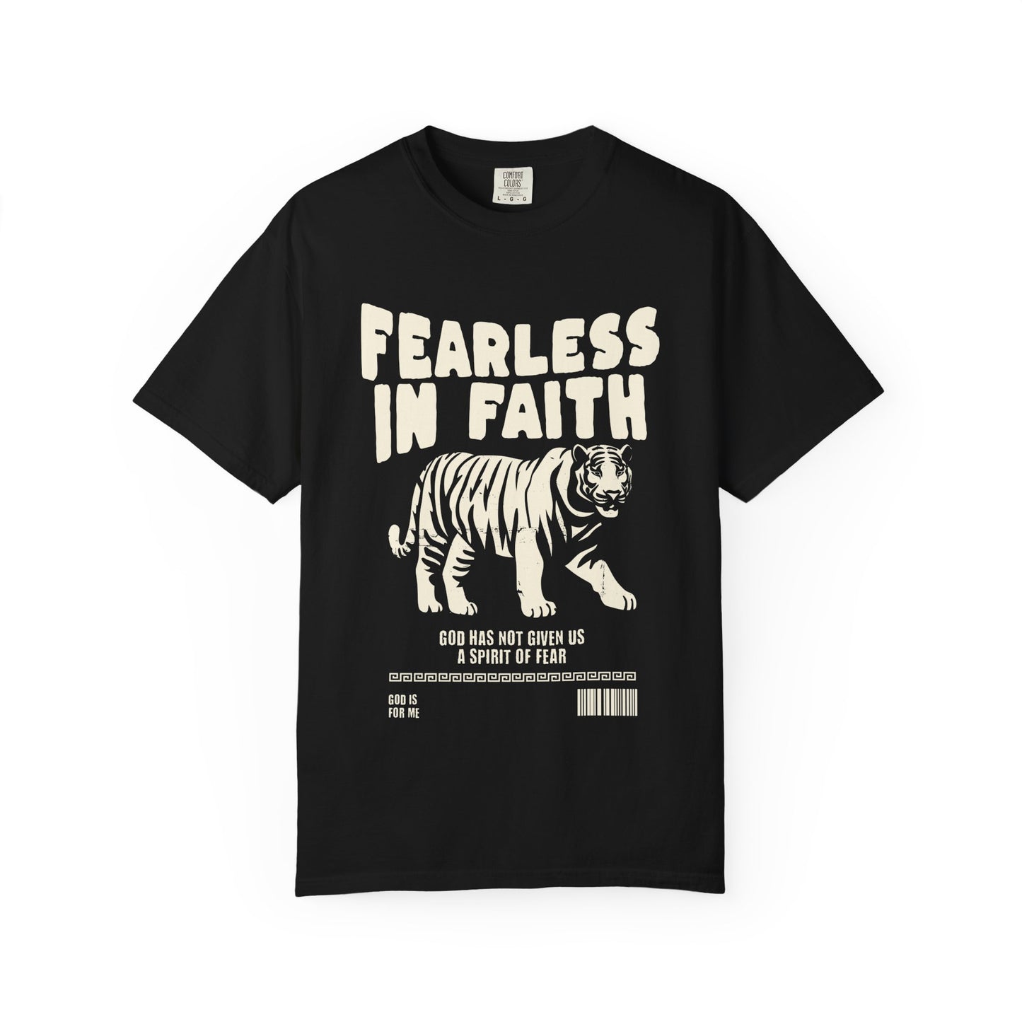 A t-shirt featuring 'Fearless In Faith' text design in elegant cream colored typography