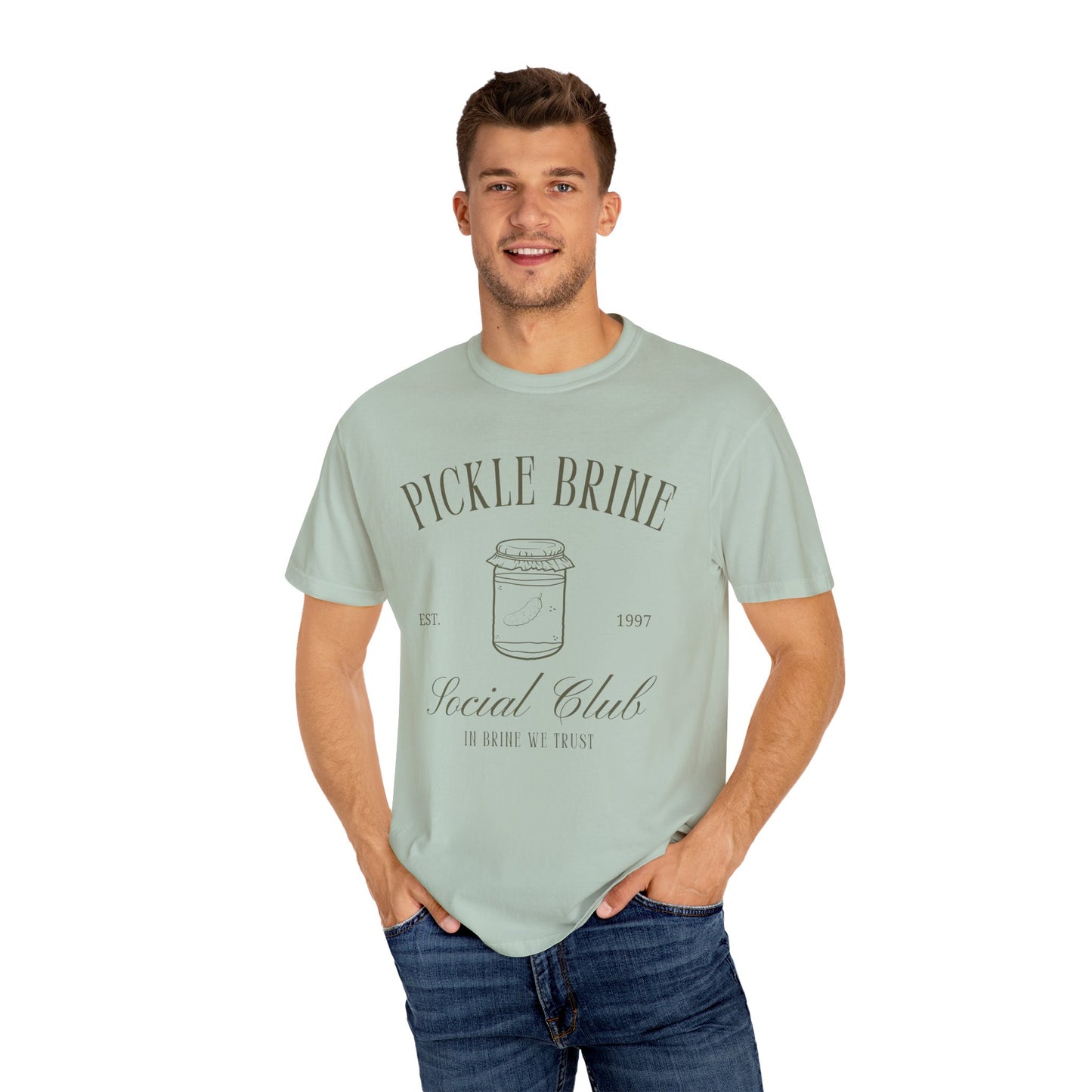 T-shirt with vintage pickle brine social club design featuring mason jar with pickle illustration