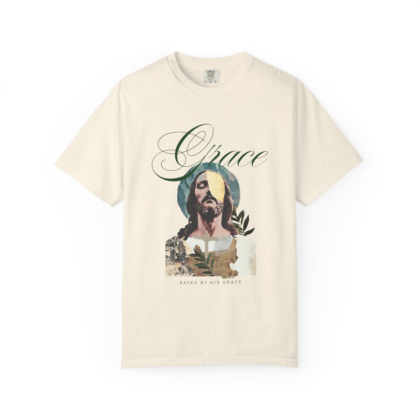 Christian t-shirt featuring artistic Jesus portrait with Grace text and cross design in vintage style