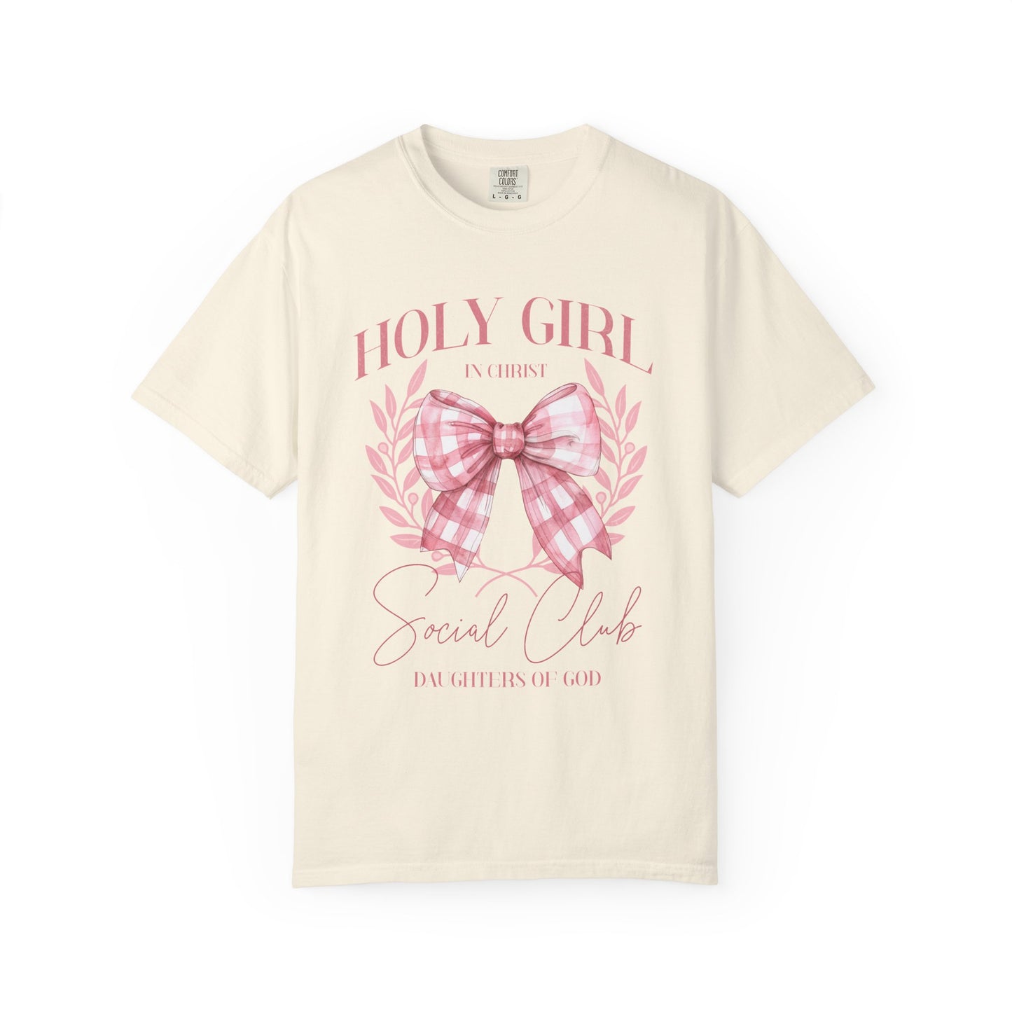 Tshirt with Holy Girl Social Club design featuring pink gingham bow and floral elements