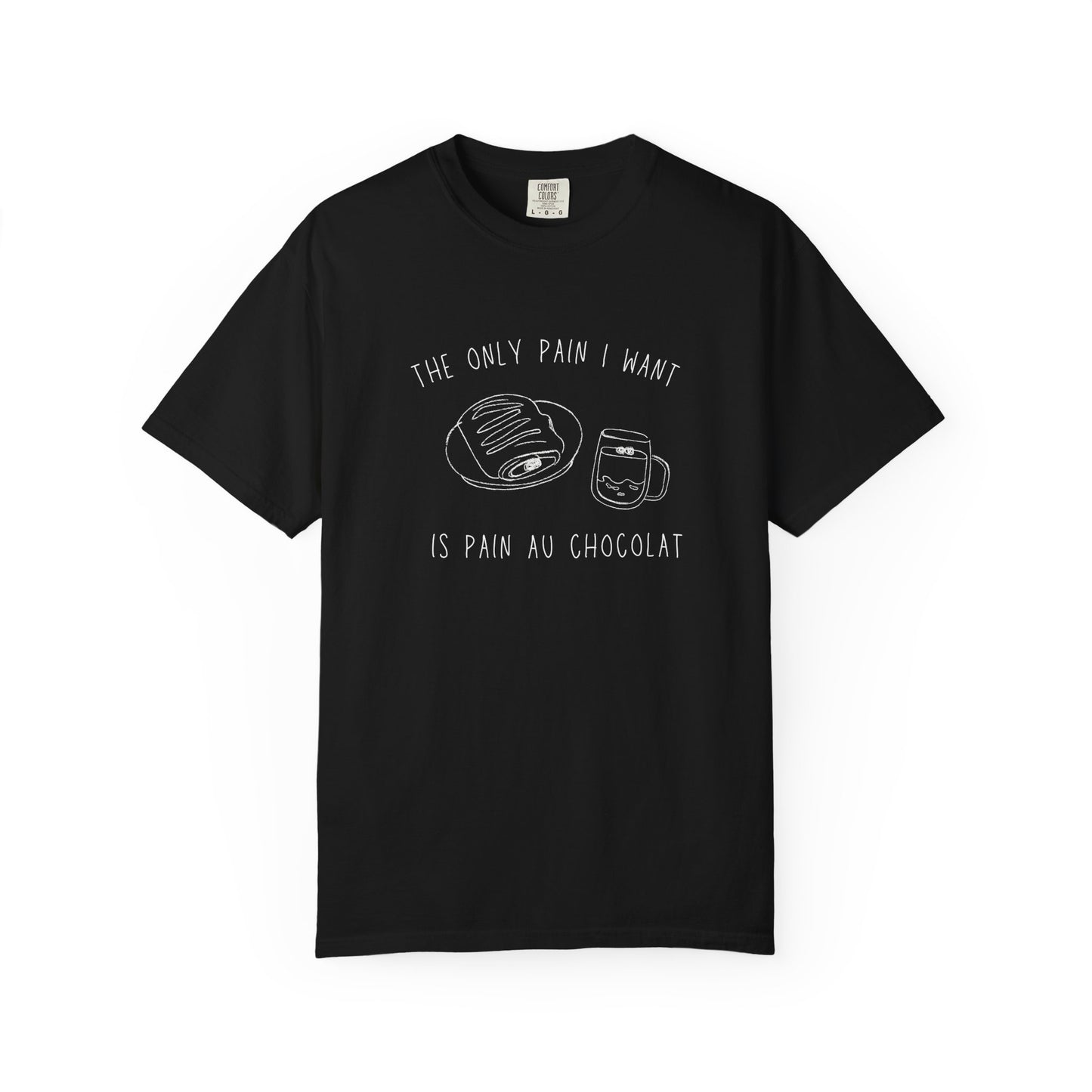 T-shirt with hand-drawn croissant and coffee cup illustration and funny baking text