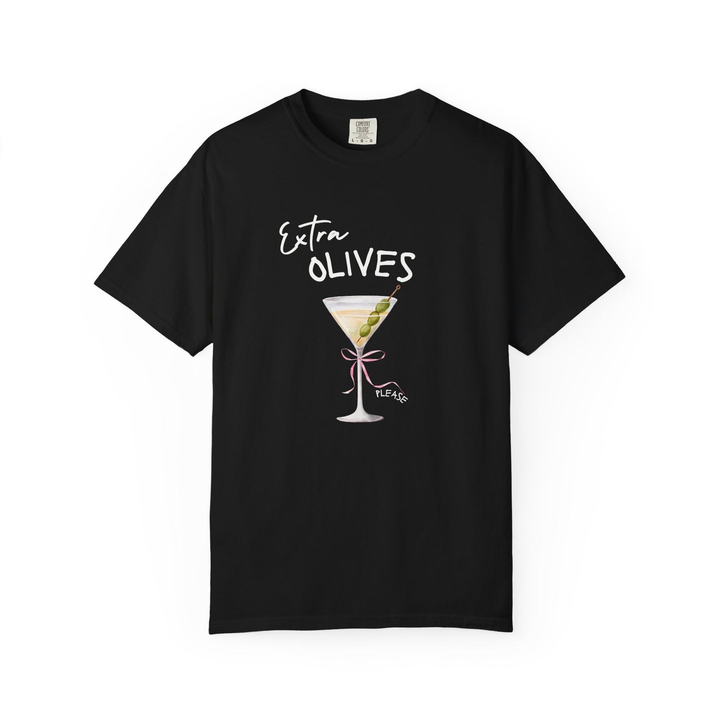 T-shirt design with martini glass, green olives, and pink bow saying Extra Olives Please