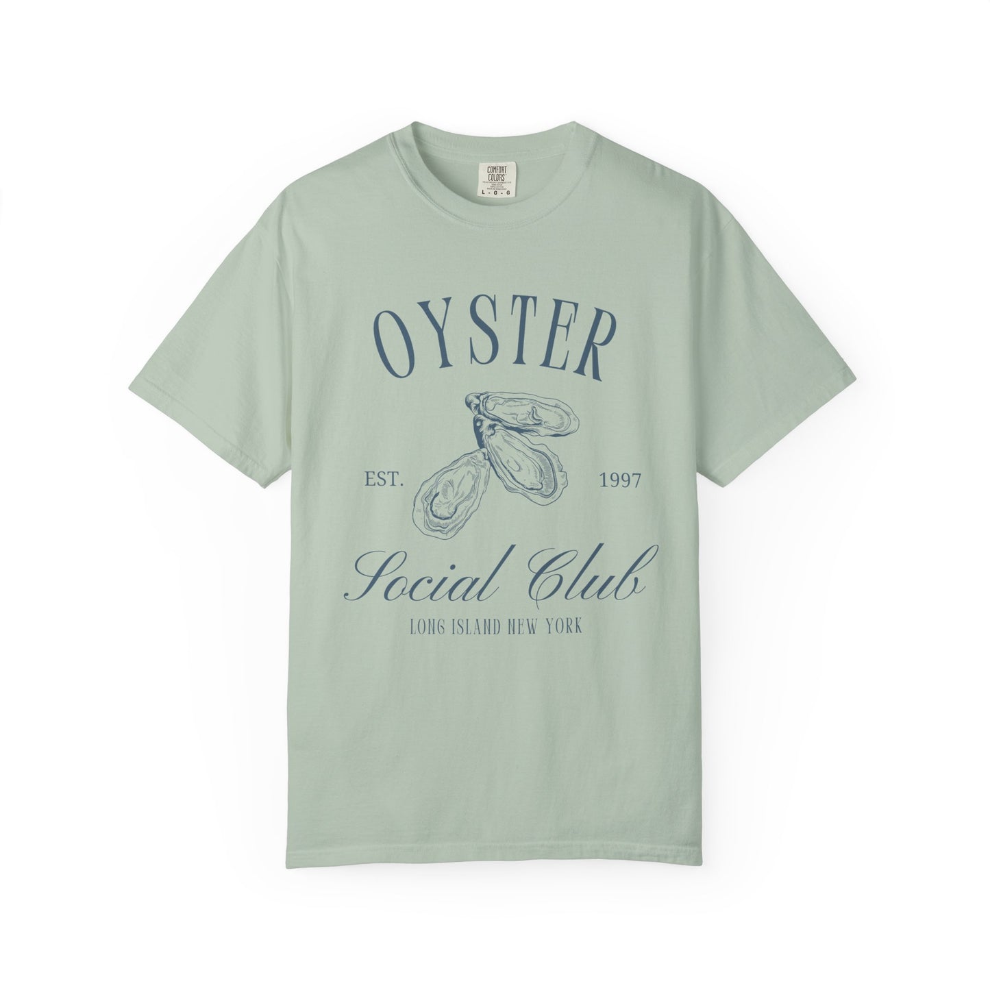 T-shirt with vintage oyster social club design featuring three detailed oyster illustrations