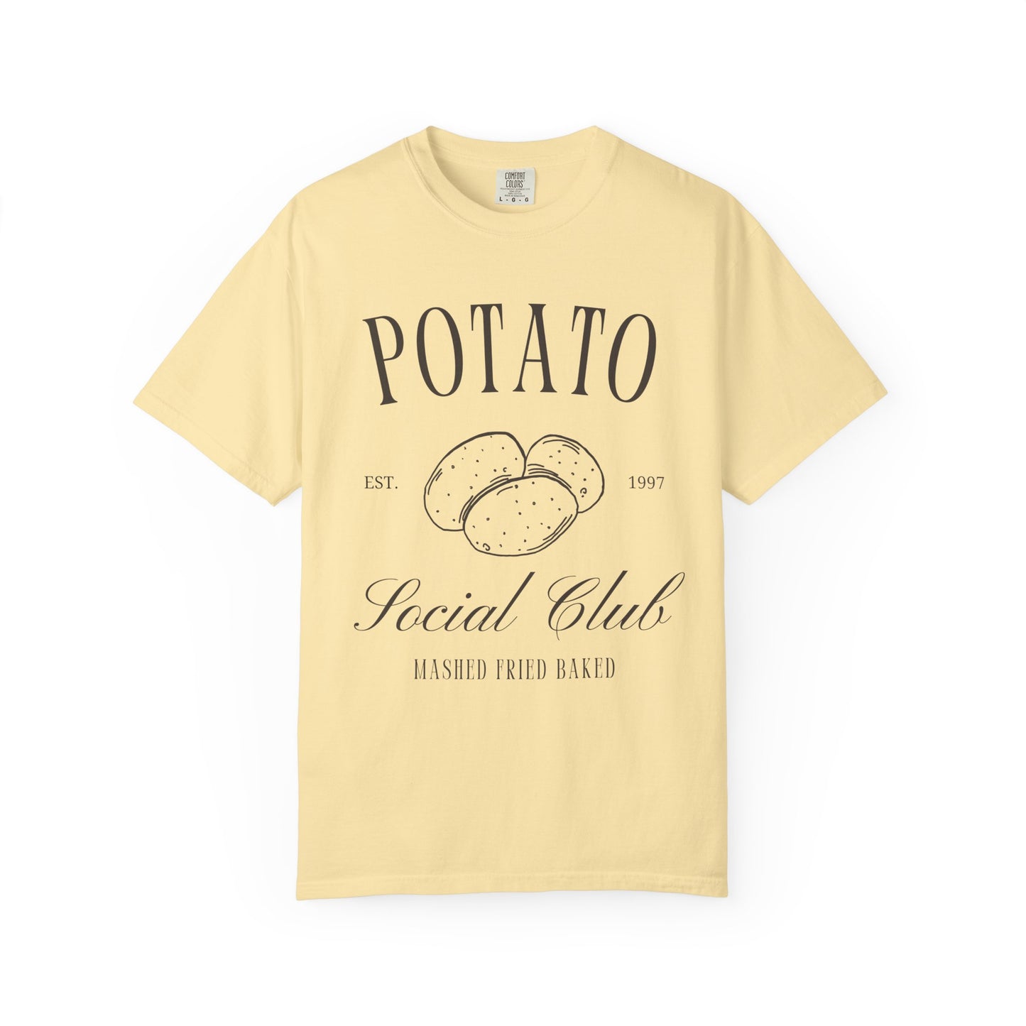 T-shirt with vintage Potato Social Club design featuring hand-drawn potatoes and brown text