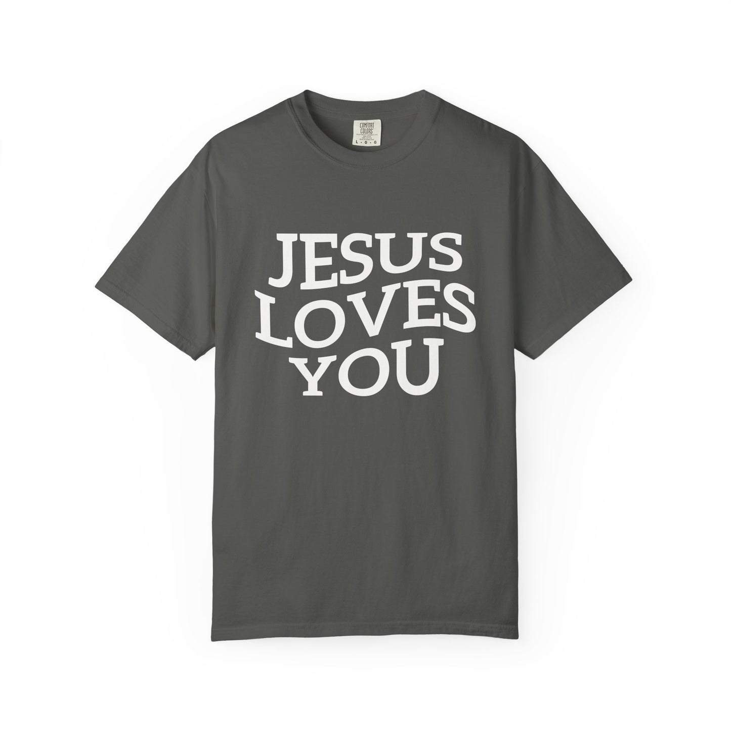 T-shirt with bold black text reading 'JESUS LOVES YOU' in large serif typography