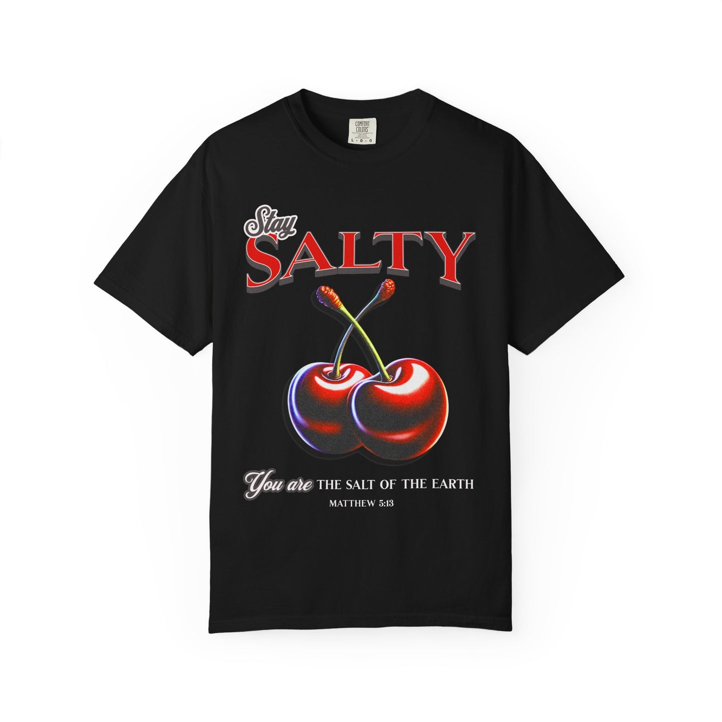 T-shirt with retro Stay Salty text and vintage cherry design featuring Matthew 5:13 scripture