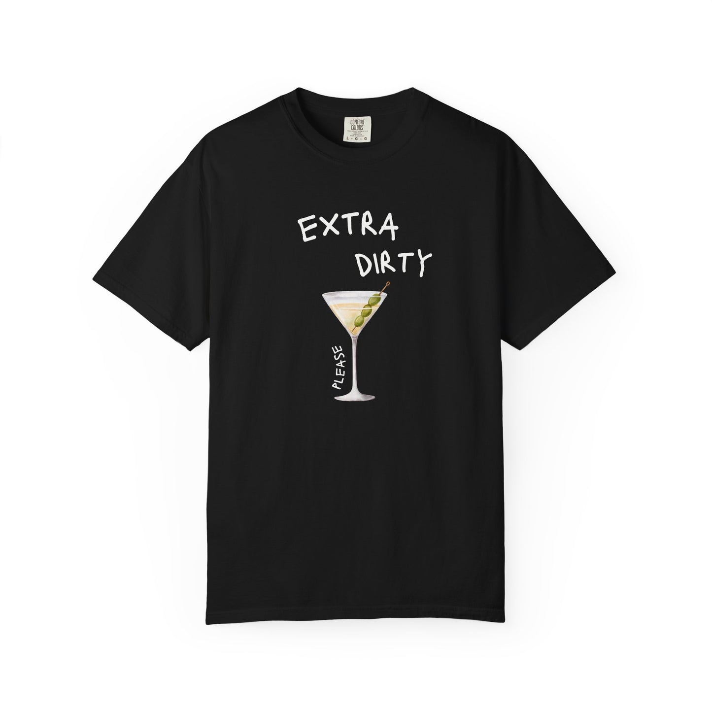 T-shirt design with martini glass filled with clear liquid and three green olives on a pick