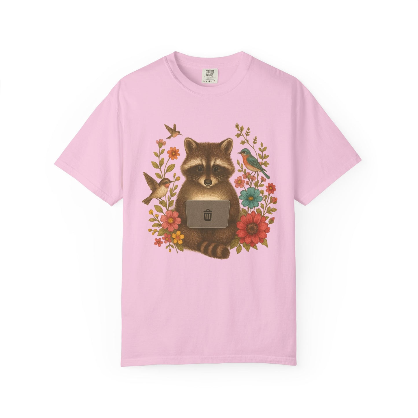T-shirt with vintage-style raccoon illustration surrounded by colorful wildflowers and birds
