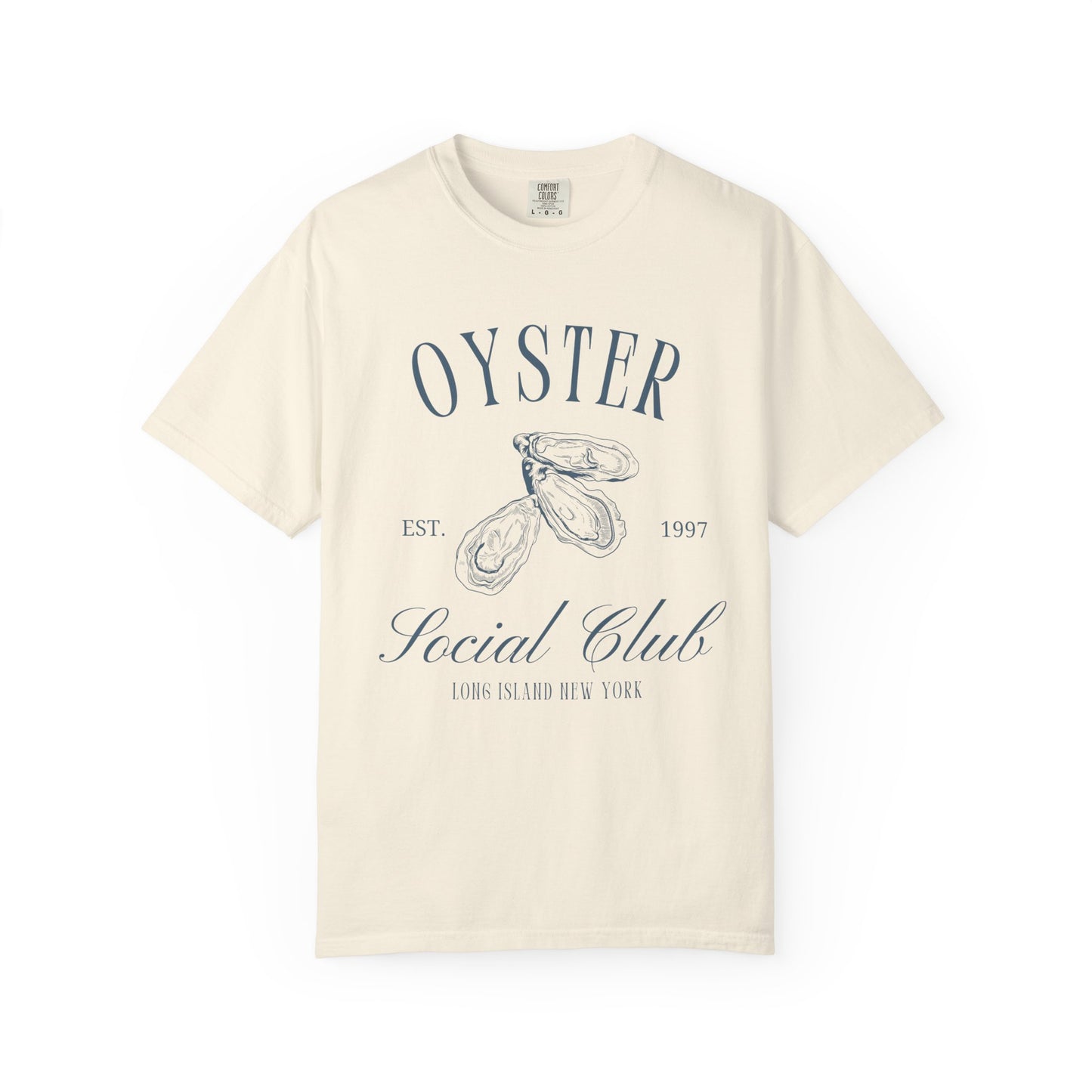 T-shirt with vintage oyster social club design featuring three detailed oyster illustrations