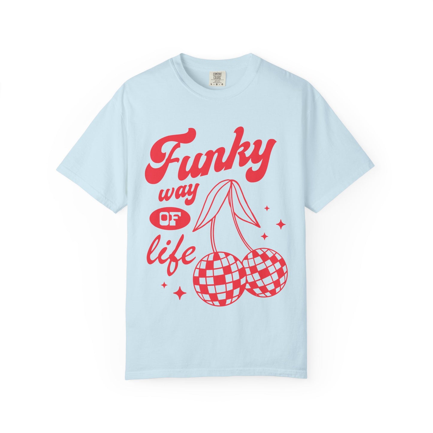 T-shirt with red retro cherry design featuring checkered disco ball cherries and funky typography