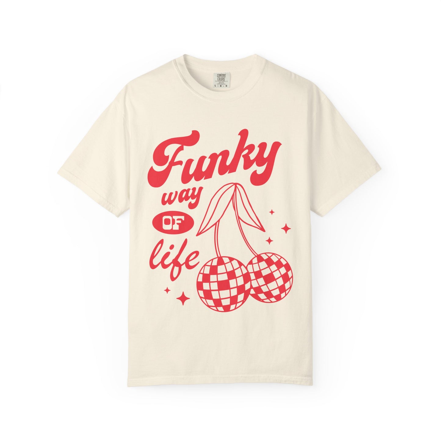 T-shirt with red retro cherry design featuring checkered disco ball cherries and funky typography